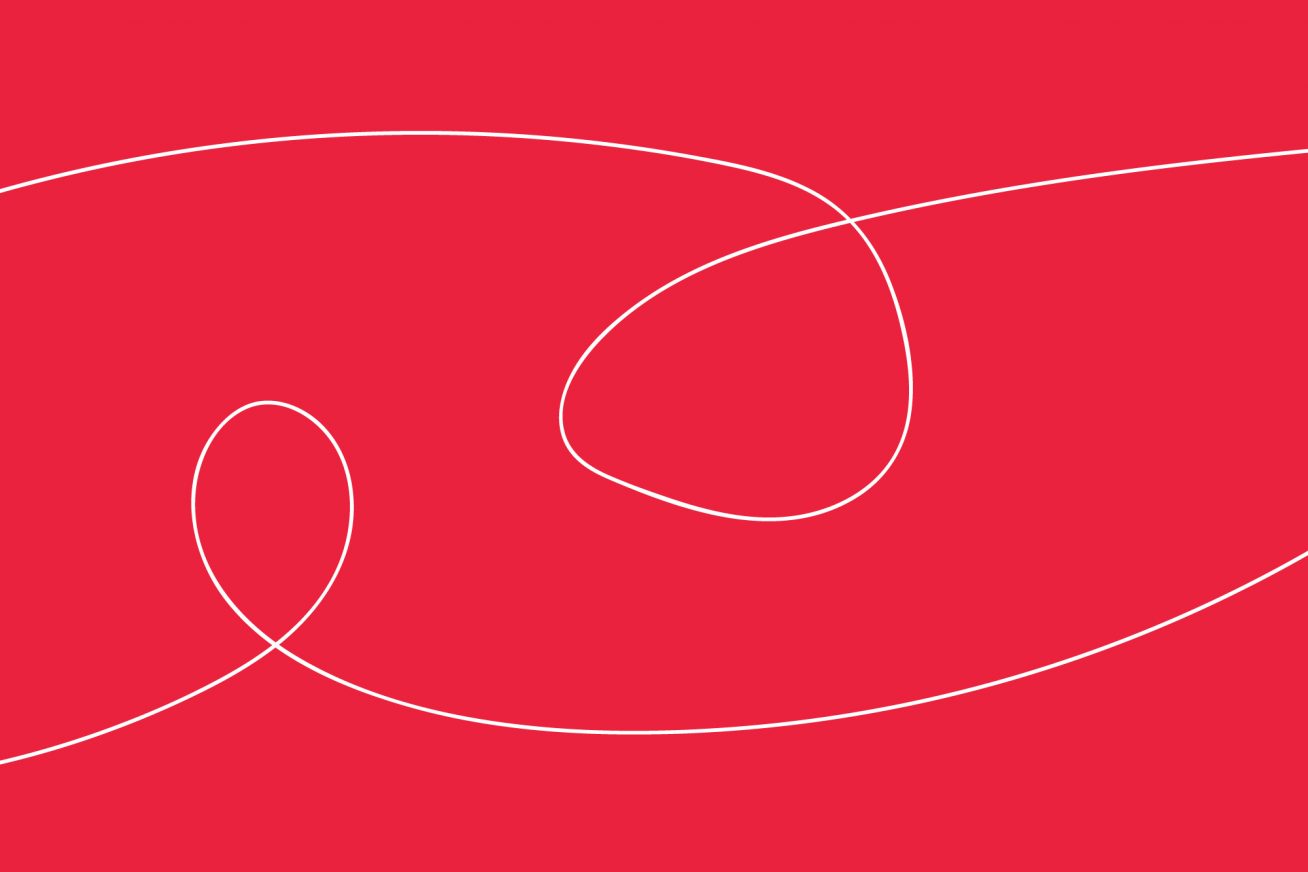 Red background, white squiggle