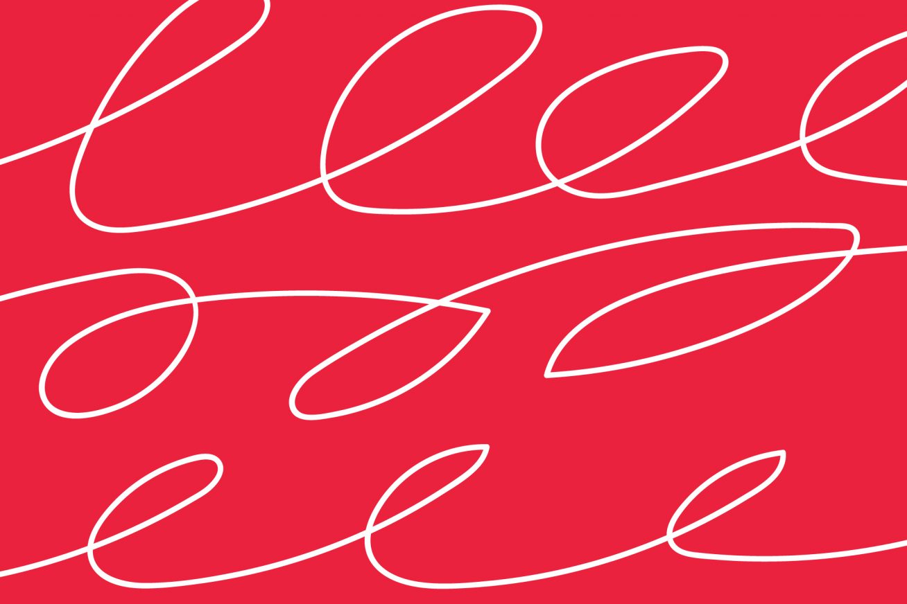 Red background, white squiggle