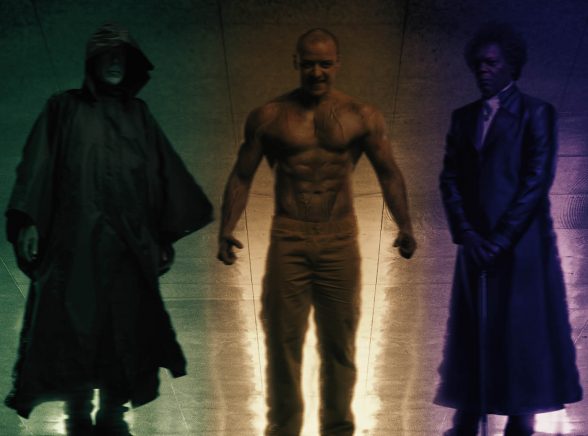 In the reflection of a shiny tiled floor, the reflection of three men shines. On the left, there is a dark hooded man, with his section reflection turning green. In the middle, there is a muscly topless man wearing trousers, his part of the reflection turning yellow. On the right, there's a suited man standing there with a cane - his part of the reflection turning purple. The image is from M. Night Shyamalan's Glass.